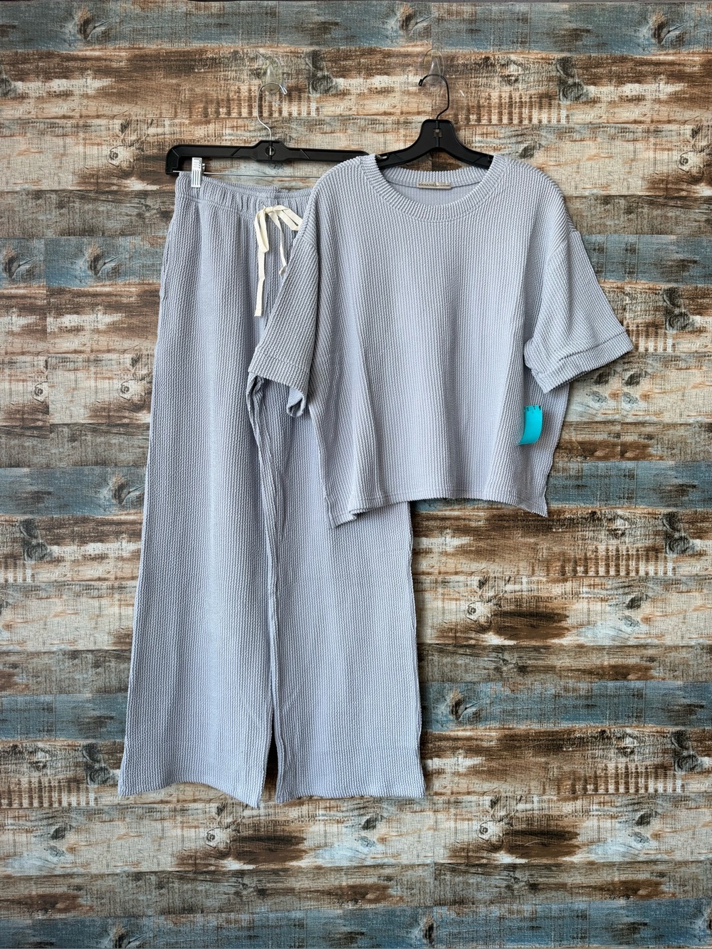 Zenana Outfitters Light Gray Waffle Knit Two-Piece Lounge Set